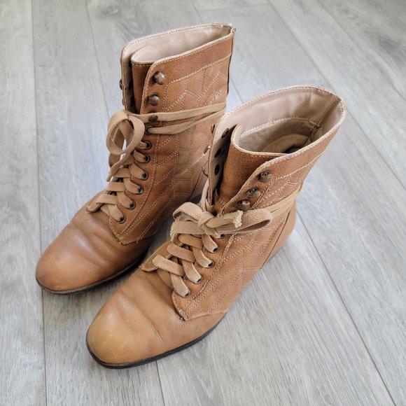 Cognac Leather Lace-up Booties - Picture 1 of 3